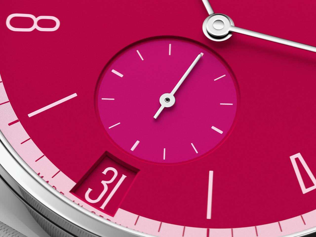 Nomos Glashütte Tangente 38 Datum "175 Years Watchmaking - Chili" Handaufzug Edelstahl pinkes Zifferblatt graues Textilband Glasboden – Herrenuhren Uhr mit Datum aus Edelstahl. Das Gehäuse ist rund und silber. Das Textilarmband ist grau. Das Zifferblatt ist arabisch Index und pink. – Ansicht 6