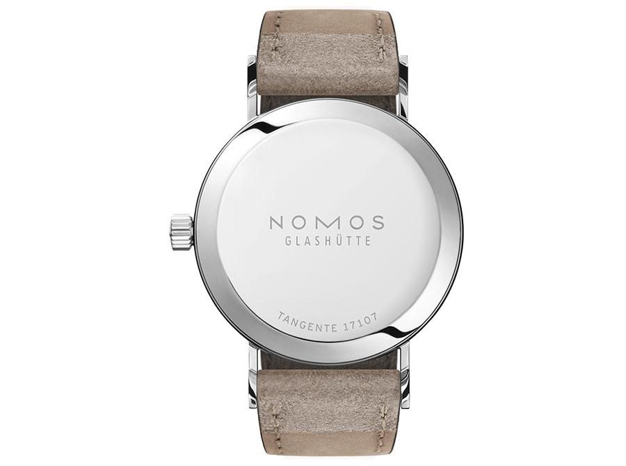Nomos Glashütte Tangente 33 Duo Handaufzug Edelstahl 33mm weißes Zifferblatt beiges Lederband Stahlboden – Damenuhren Uhr ohne Datum aus Edelstahl. Das Gehäuse ist rund und silber. Das Lederarmband ist beige. Das Zifferblatt ist arabisch Index und weiß. – Ansicht 2