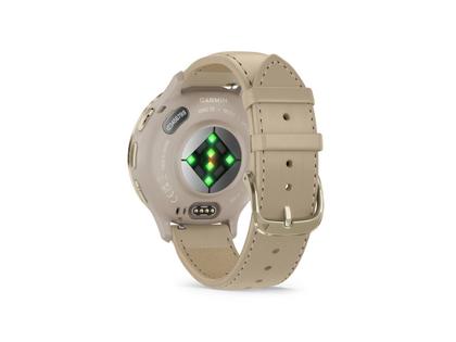 Garmin Venu 3S faserverstärktes Polymer French Grey 41mm beigefarbenes Lederband – Herrenuhren Uhr Multifunktion aus Edelstahl, Kautschuk, Kunststoff, Leder und PVD beschichtet. Das Gehäuse ist rund und beige. Das Lederarmband ist beige. Das Zifferblatt ist digital und schwarz. – Ansicht 3