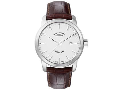 Mühle Glashütte Germanika III Herrenuhr mit Datum silber – Herrenuhren Uhr mit Datum aus Edelstahl. Das Armband ist ein Lederarmband Kroko / Alligator. Der Zifferblatt ist ein Index.