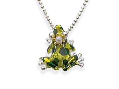 Drachenfels Design Giftpfeilfrosch kleiner Anhänger grün mit Perle – Anhänger Anhänger mit Besatz aus 925 Silber.