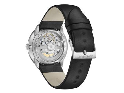 Junghans Meister fein Kleine Automatic Edelstahl 39mm weißes Zifferblatt schwarzes Lederband – Herrenuhren Uhr mit Datum aus Edelstahl und Leder. Das Gehäuse ist rund und silber. Das Lederarmband ist schwarz. Das Zifferblatt ist ein Index in grau. – Ansicht 2
