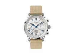 Glashütte Original Senator Chronograph Automatik Edelstahl 41mm weißes Zifferblatt beiges Textilband – Herrenuhren Chronograph aus Edelstahl. Das Gehäuse ist rund und silber. Das Textilarmband ist beige. Das Zifferblatt ist römisch Index und silber.