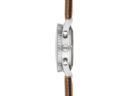 Sinn Spezialuhren 903 St II HB Navigationschronograph Automatik Edelstahl 41mm hellblaues Zifferblatt Metallband und Lederband limitiert – Herrenuhren Chronograph aus Edelstahl und Leder. Das Gehäuse ist rund und silber. Das Edelstahlarmband ist silber. Das Zifferblatt ist arabisch Index und blau. – Ansicht 3