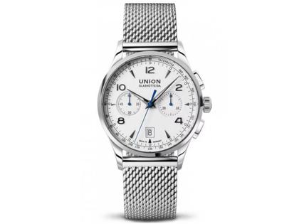 Union Glashütte Noramis Chronograph Automatik Edelstahl 42mm weißes Zifferblatt Metallband – Herrenuhren Chronograph aus Edelstahl. Das Gehäuse ist rund und silber. Das Edelstahlarmband ist silber. Das Zifferblatt ist arabisch Index und weiß.