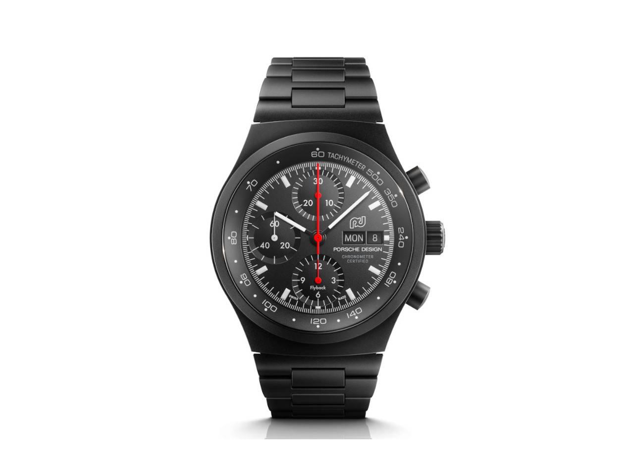 Porsche Design Chronograph 1 - 50 Jahre 911 Turbo Edition Automatik Titan 40mm schwarzes Zifferblatt Metallband und Textilband limitiert – Herrenuhren Chronograph aus Titan und Titancarbid beschichtet. Das Gehäuse ist rund und schwarz. Das Titanarmband ist schwarz. Das Zifferblatt ist arabisch Index und schwarz. – Ansicht 2
