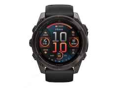 Garmin fenix 8 51mm AMOLED faserverstärktes Polymer Titan carbongrau beschichtet schwarzes Silikonband – Herrenuhren Uhr Multifunktion aus DLC beschichtet, Kautschuk und Titan. Das Gehäuse ist rund und schwarz. Das Kautschuk / Kunststoff / Silikon Armband ist schwarz. Das Zifferblatt ist digital und schwarz.