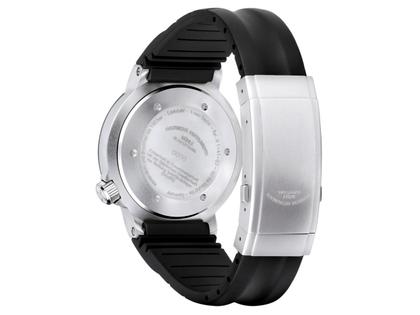 Mühle Glashütte S.A.R. Rescue-Timer Automatik Edelstahl 42mm schwarzes Zifferblatt schwarzes Kautschukband – Herrenuhren Uhr mit Datum aus Edelstahl und Kautschuk. Das Gehäuse ist rund und silber. Das Kautschuk / Kunststoff / Silikon Armband ist schwarz. Das Zifferblatt ist ein Index in schwarz. – Ansicht 3