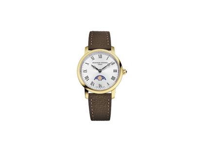 Frederique Constant Slimline Ladies Moonphase Quarz Edelstahl PVD-Gelbgold 30mm silbernes Zifferblatt braunes Lederband – Damenuhren Uhr ohne Datum aus Edelstahl und PVD beschichtet. Das Gehäuse ist rund und silber-gelbgold. Das Lederarmband ist braun. Das Zifferblatt ist römisch und silber.