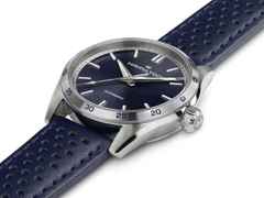 Hamilton Jazzmaster Performer Auto Edelstahl 34mm dunkelblaues Zifferblatt dunkelblaues Lederband – Damenuhren Uhr ohne Datum aus Edelstahl und Leder. Das Gehäuse ist rund und silber. Das Lederarmband ist blau. Das Zifferblatt ist ein Index in blau. – Ansicht 2