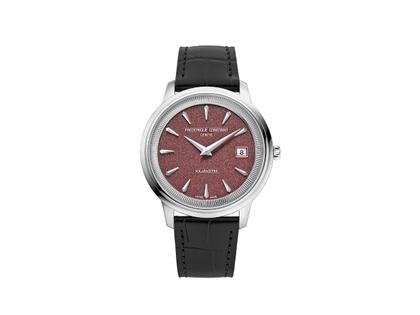 Frederique Constant Classics Moneta Solarmetre Quarz Edelstahl 39mm rotes Zifferblatt schwarzes Lederband und Metallband – Herrenuhren Uhr mit Datum aus Edelstahl. Das Gehäuse ist rund und silber. Das Lederarmband ist schwarz. Das Zifferblatt ist ein Index in rot.