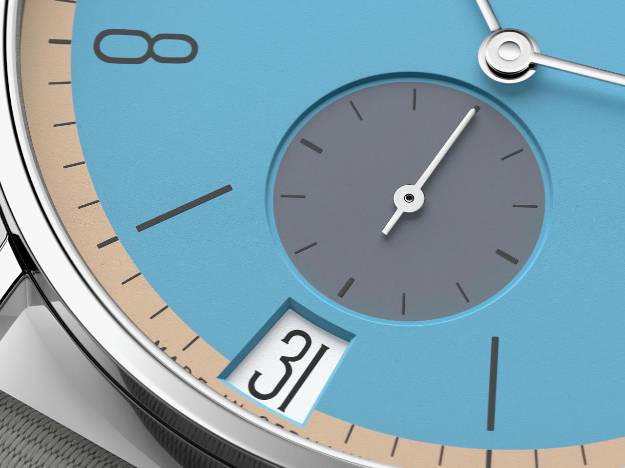 Nomos Glashütte Tangente 38 Datum "175 Years Watchmaking - Delfin" Handaufzug Edelstahl blaues Zifferblatt graues Textilband Glasboden – Herrenuhren Uhr mit Datum aus Edelstahl. Das Gehäuse ist rund und silber. Das Textilarmband ist grau. Das Zifferblatt ist arabisch Index und blau. – Ansicht 6