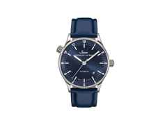 Sinn Spezialuhren 6068 B Frankfurter Finanzplatzuhr Automatik Edelstahl 38,5mm blaues Zifferblatt blaues Lederband – Herrenuhren Uhr mit Datum aus Edelstahl und Leder. Das Gehäuse ist rund und silber. Das Lederarmband ist blau. Das Zifferblatt ist arabisch Index und blau.