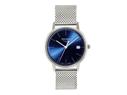 Bruno Söhnle Glashütte Stuttgart I SMALL Quarz blau Index Milanaiseband – Damenuhren Uhr mit Datum aus Edelstahl und Leder. Das Gehäuse ist rund und silber. Das Edelstahlarmband ist silber. Das Zifferblatt ist ein Index in blau.