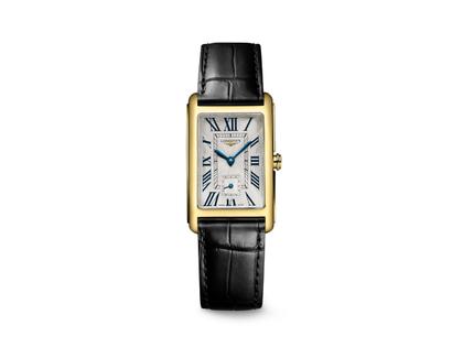 Longines DolceVita  Medium Quarz Gelbgold 23x37mm silbernes Zifferblatt römisch schwarzes Lederband – Damenuhren Uhr ohne Datum aus 750 Gelbgold, Edelstahl und Leder. Das Gehäuse ist rechteckig und gelbgold. Das Lederarmband Kroko / Alligator ist schwarz. Das Zifferblatt ist römisch und silber.
