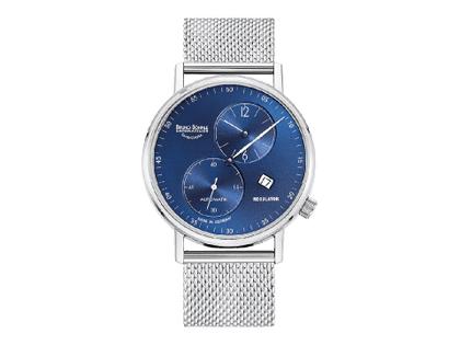 Bruno Söhnle Glashütte Rondo Herrenuhr   Automatik Regulator Edelstahl blau Metallband Milanaise – Herrenuhren Uhr mit Datum aus Edelstahl. Das Gehäuse ist rund und silber. Das Edelstahlarmband ist silber. Das Zifferblatt ist arabisch Index und blau.