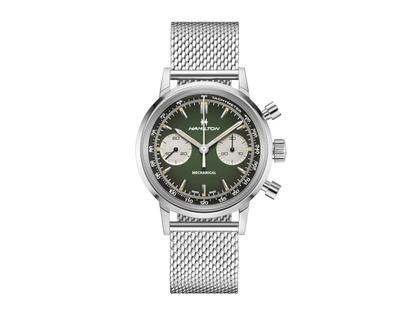 Hamilton American Classic Intra-Matic Chronograph H Handaufzug Edelstahl 40mm grünes Zifferblatt grünes Lederband – Herrenuhren Chronograph aus Edelstahl. Das Gehäuse ist rund und silber. Das Lederarmband ist grün. Das Zifferblatt ist ein Index in grün. – Ansicht 2