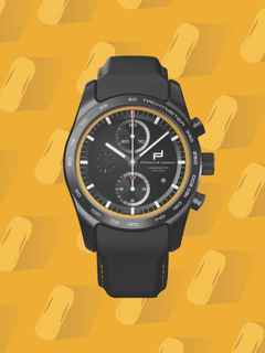 Porsche Design Custom Built Timepieces Watchmakers Choice "SpeedGelb" Chronograph Automatik Titan Schwarz 42mm schwarzes Zifferblatt schwarzes Lederband – Herrenuhren Chronograph aus Edelstahl, Leder, Titan und Titancarbid beschichtet. Das Gehäuse ist rund und schwarz. Das Lederarmband ist schwarz. Das Zifferblatt ist ein Index in schwarz. – Ansicht 5