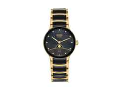Rado Centrix Diamonds Quarz Edelstahl Gelbgold-PVD 35mm schwarzes Perlmutt-Zifferblatt mit Brillanten Metallband – Damenuhren Uhr mit Datum aus Edelstahl, Keramik und PVD beschichtet. Das Gehäuse ist rund und gelbgold. Das Edelstahlarmband ist gelbgold. Das Zifferblatt ist ein Index in schwarz.