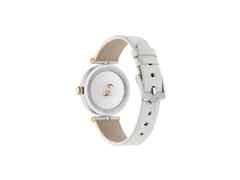 Gucci Model 2000 Quarz Edelstahl 30mm silberfarbenes Zifferblatt mit Diamanten weißes Lederband YA167509 – Damenuhren Uhr ohne Datum aus 750 Rotgold, Edelharz, Edelstahl und vergoldet. Das Gehäuse ist rund und silber. Das Lederarmband ist weiß. Das Zifferblatt ist römisch Index und silber. – Ansicht 2