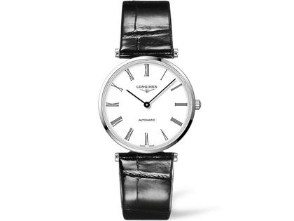 Longines La Grande Classique Automatik weiß römisch Lederband – Herrenuhren Uhr ohne Datum aus Edelstahl. Das Gehäuse ist rund und silber. Das Lederarmband ist schwarz. Das Zifferblatt ist römisch und weiß.