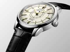Longines Conquest Heritage Central Power Reserve Automatik Edelstahl 38mm champagnerfarbenes Zifferblatt schwarzes Lederband – Herrenuhren Uhr mit Datum aus Edelstahl und Leder. Das Gehäuse ist rund und silber. Das Lederarmband Kroko / Alligator ist schwarz. Das Zifferblatt ist ein Index in beige. – Ansicht 3