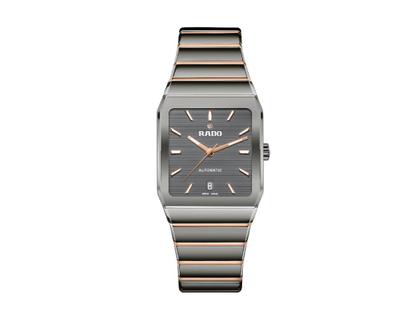 Damenuhren Uhr mit Datum aus Edelstahl, Keramik und PVD beschichtet. Das Gehäuse ist rechteckig und grau. Das Keramikarmband ist grau. Das Zifferblatt ist ein Index in grau.