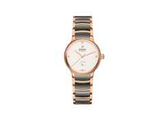 Rado Centrix Diamonds Automatik Edelstahl Roségold-PVD 30,5mm weißes Zifferblatt mit Brillanten Metallband – Damenuhren Uhr mit Datum aus Edelstahl, Keramik und PVD beschichtet. Das Gehäuse ist rund und roségold. Das Keramikarmband ist grau. Das Zifferblatt ist ein Index in weiß.