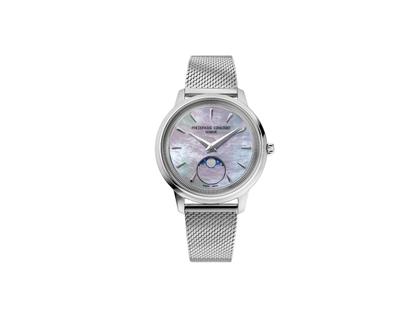 Frederique Constant Classics Moneta Moonphase Quarz Edelstahl 34mm blaues Perlmutt-Zifferblatt Metallband – Damenuhren Uhr ohne Datum aus Edelstahl. Das Gehäuse ist rund und silber. Das Edelstahlarmband ist silber. Das Zifferblatt ist ein Index in blau.
