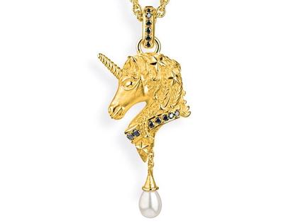 Drachenfels Design Sternenglanz und Schattentanz Anhänger Einhorn Bright groß Onyx Süßwasserperle gelbgoldplattiert – Anhänger Anhänger mit Besatz aus 925 Silber.