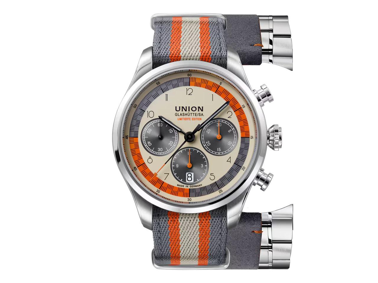 Union Glashütte Belisar Chronograph Silvretta Classic 2025 Limitierte Edition Automatik Edelstahl 44mm beiges Zifferblatt Metallband und graues Lederband – Herrenuhren Chronograph aus Edelstahl und Leder. Das Gehäuse ist rund und silber. Das Lederarmband ist grau. Das Zifferblatt ist arabisch Index und beige. – Ansicht 2