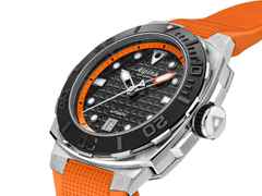 Alpina Seastrong Diver Extreme Automatic Edelstahl 39mm schwarzes Zifferblatt orangefarbenes Kautschukband – Herrenuhren Uhr mit Datum aus Edelstahl und Kautschuk. Das Gehäuse ist rund und silber. Das Kautschuk / Kunststoff / Silikon Armband ist orange. Das Zifferblatt ist ein Index in schwarz. – Ansicht 2