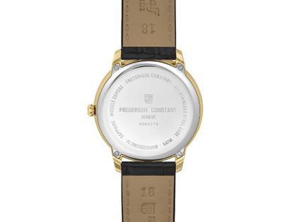 Frederique Constant Classics Moneta Moonphase Quarz Edelstahl Gelbgold-PVD 37mm weißes Zifferblatt schwarzes Lederband – Herrenuhren Uhr ohne Datum aus Edelstahl, Leder und PVD beschichtet. Das Gehäuse ist rund und gelbgold. Das Lederarmband Kroko / Alligator ist schwarz. Das Zifferblatt ist ein Index in weiß. – Ansicht 2
