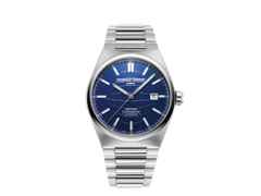 Frederique Constant Highlife Automatic Chronometer Edelstahl 41mm blaues Zifferblatt Metallband und Kautschukband – Herrenuhren Uhr mit Datum aus Edelstahl und Kautschuk. Das Gehäuse ist rund und silber. Das Edelstahlarmband ist silber. Das Zifferblatt ist ein Index in blau.