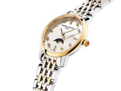 Frederique Constant Slimline Ladies Moonphase Quarz Edelstahl 30mm Perlmutt-Zifferblatt Metallband – Damenuhren Uhr ohne Datum aus Edelstahl und PVD beschichtet. Das Gehäuse ist rund und silber-gelbgold. Das Edelstahlarmband ist silber-gelbgold. Das Zifferblatt ist ein Index in weiß. – Ansicht 3