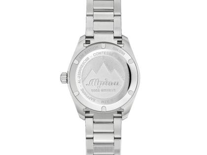 Alpina Alpiner Comtesse Quarz Edelstahl 36,5mm blaues Zifferblatt Metallband limitiert – Damenuhren Uhr ohne Datum aus Edelstahl. Das Gehäuse ist rund und silber. Das Edelstahlarmband ist silber. Das Zifferblatt ist arabisch Index und blau. – Ansicht 2
