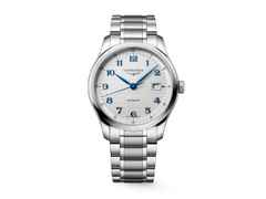 Longines Master Collection Automatik Edelstahl 41mm silbernes Zifferblatt Metallband – Herrenuhren Uhr mit Datum aus Edelstahl. Das Gehäuse ist rund und silber. Das Edelstahlarmband ist silber. Das Zifferblatt ist arabisch und silber.