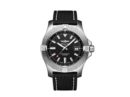 Herrenuhren Uhr mit Datum aus Edelstahl. Das Gehäuse ist rund und silber. Das Lederarmband ist schwarz. Das Zifferblatt ist ein Index in schwarz.