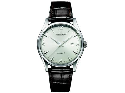 Hamilton Thinomatik Herrenuhr mit Datum 42mm silber Lederband – Herrenuhren Uhr mit Datum aus Edelstahl und Leder. Das Armband ist ein Lederarmband. Der Zifferblatt ist arabisch Index.