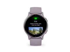 Garmin vívoactive 5 faserverstärktes Polymer orchidee/orchidee metallic 42mm orchideefarbenes Kautschukband – Damenuhren Uhr Multifunktion aus eloxiertes Aluminium, Kautschuk, Kunststoff und PVD beschichtet. Das Gehäuse ist rund und lila. Das Kautschuk / Kunststoff / Silikon Armband ist lila. Der Zifferblatt ist digital. – Ansicht 2