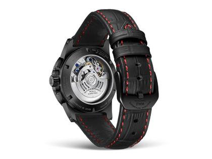 Mühle Glashütte Sportivo Power Chronograph First Edition Automatik Edelstahl Schwarz-IP 42,5mm schwarzes Zifferblatt schwarzes Leder-Kautschukband limitiert – Herrenuhren Chronograph aus Edelstahl, IP beschichtet, Keramik und Leder. Das Gehäuse ist rund und schwarz. Das Lederarmband ist schwarz. Das Zifferblatt ist ein Index in schwarz. – Ansicht 2