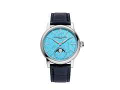 Frederique Constant Manufacture Classic Moonphase Date Automatik Edelstahl 40mm Türkis-Zifferblatt blaues Lederband limitiert – Herrenuhren Uhr mit Datum aus Edelstahl und Leder. Das Gehäuse ist rund und silber. Das Lederarmband Kroko / Alligator ist blau. Das Zifferblatt ist ein Index in türkis.
