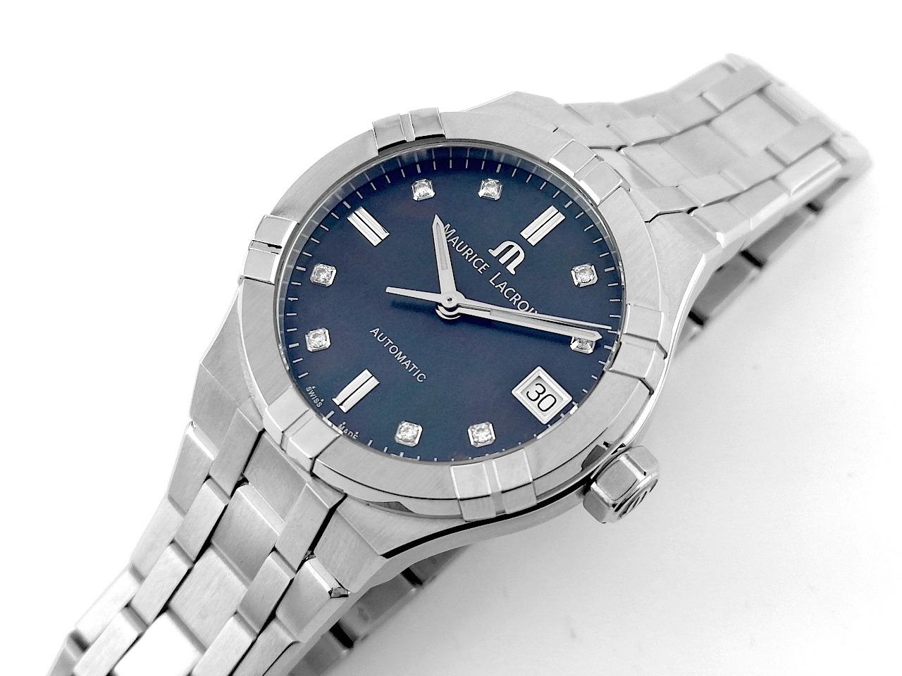 Maurice Lacroix Aikon Automatik Edelstahl 35mm schwarzes Perlmutt-Zifferblatt Metallband AI6006-SS002-370-1 Full Set Occasion Neu – Damenuhren Uhr mit Datum aus Edelstahl. Das Gehäuse ist rund und silber. Das Edelstahlarmband ist silber. Das Zifferblatt ist ein Index in schwarz. – Ansicht 4