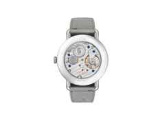 Nomos Glashütte Metro 33 All Silver Handaufzug Edelstahl 33mm silbernes Zifferblatt graues Lederband Glasboden – Damenuhren Uhr ohne Datum aus Edelstahl und Leder. Das Gehäuse ist rund und silber. Das Lederarmband ist grau. Das Zifferblatt ist ein Index in silber. – Ansicht 2