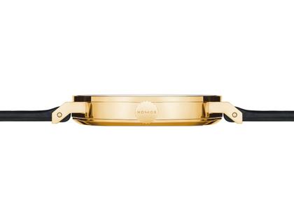 Nomos Glashütte Tangente Gold Neomatik Doré Automatik Gelbgold 35mm weißes Zifferblatt braunes Lederband – Damenuhren Uhr ohne Datum aus 750 Gelbgold und Leder. Das Gehäuse ist rund und gelbgold. Das Lederarmband ist braun. Das Zifferblatt ist arabisch Index und weiß. – Ansicht 6
