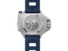 Omega Seamaster Ploprof 1200M Automatik Edelstahl 55x45mm blaues Zifferblatt blaues Kautschukband Summer Blue – Herrenuhren Uhr ohne Datum aus Edelstahl und Kautschuk. Das Gehäuse ist rund und silber. Das Kautschuk / Kunststoff / Silikon Armband ist blau. Das Zifferblatt ist ein Index in blau. – Ansicht 2