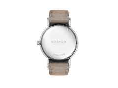 Nomos Glashütte Ludwig 33 Handaufzug Edelstahl weißes Zifferblatt braunes Lederband Stahlboden – Damenuhren Uhr ohne Datum aus Edelstahl und Leder. Das Gehäuse ist rund und silber. Das Lederarmband ist beige. Das Zifferblatt ist römisch Index und weiß. – Ansicht 2
