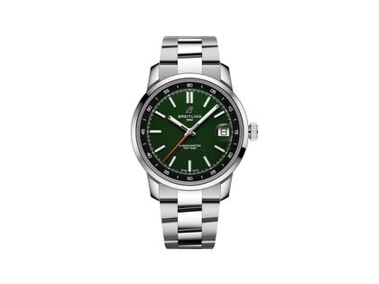 Breitling Top Time B31 Automatik Edelstahl 38mm grünes Zifferblatt Metallband – Herrenuhren Uhr mit Datum aus Edelstahl. Das Gehäuse ist rund und silber. Das Edelstahlarmband ist silber. Das Zifferblatt ist ein Index in grün.