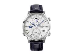 Glashütte Original Senator Cosmopolite Automatik Weißgold 44mm weißes Zifferblatt blaues Lederband – Herrenuhren Uhr mit Datum aus 750 Weißgold. Das Gehäuse ist rund und silber. Das Lederarmband Kroko / Alligator ist blau. Das Zifferblatt ist römisch und weiß.