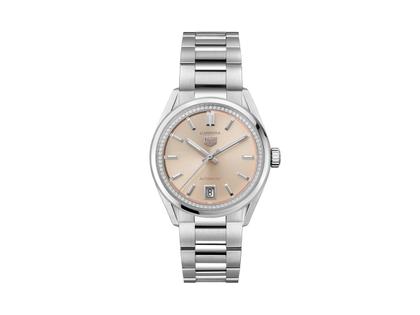 Damenuhren Uhr mit Datum aus Edelstahl. Das Gehäuse ist rund und silber. Das Edelstahlarmband ist silber. Das Zifferblatt ist ein Index in rosa.